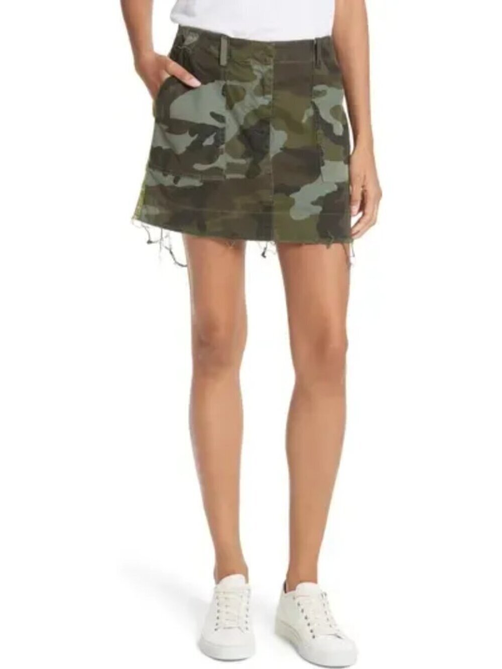 Nili Lotan Camo Mini Skirt With Side Stripe Size 0 Raw Hem Cotton Blend Green/Bl